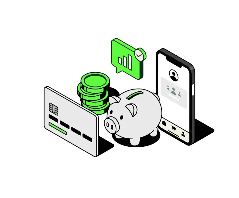 Illustration of a piggy bank, coins, a bank card and a phone