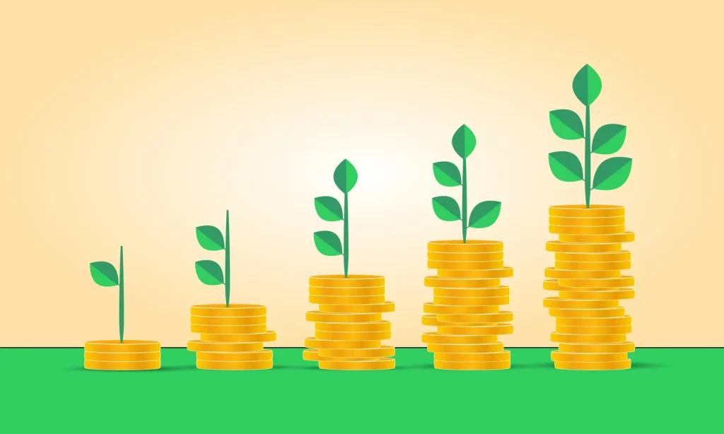 Illustration of plants growing from stacks of coins