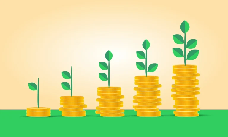 Illustration of plants growing from stacks of coins