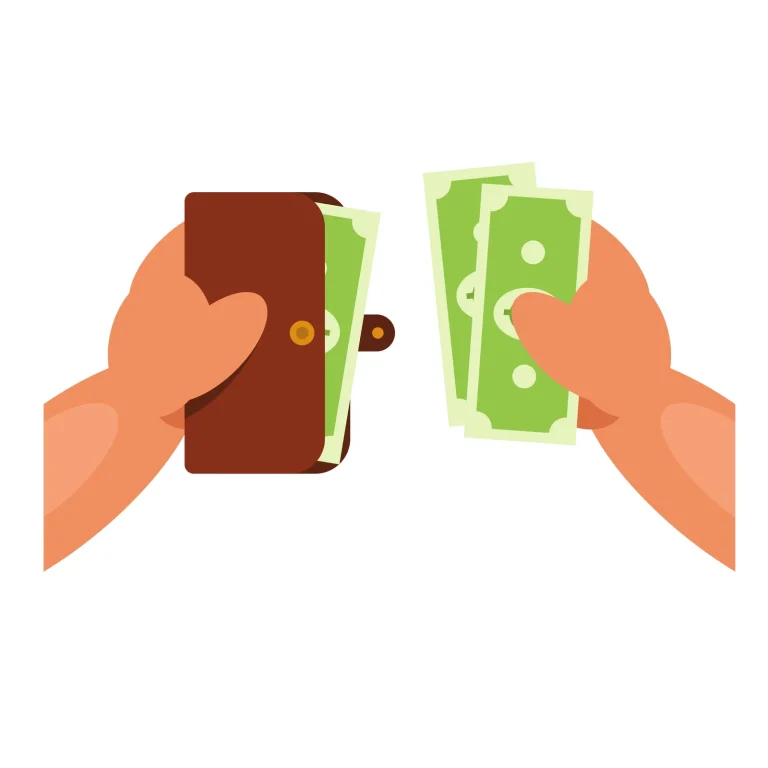 Illustration of two hands holding a wallet and cash