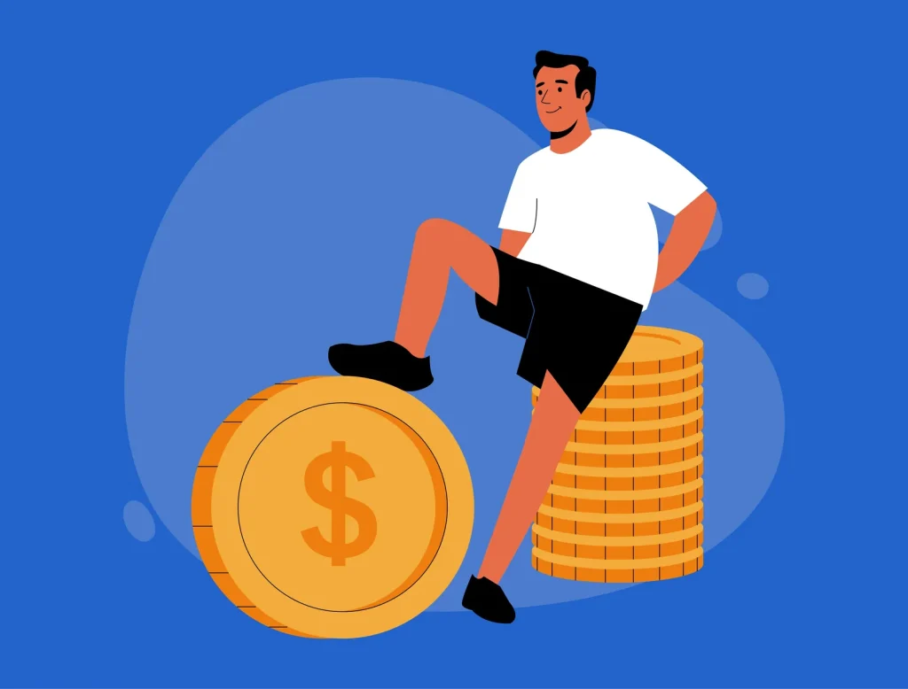 Illustration of a man resting his foot on a large gold coin