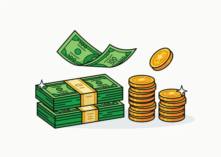 Illustration of bundled cash and stacks of coins
