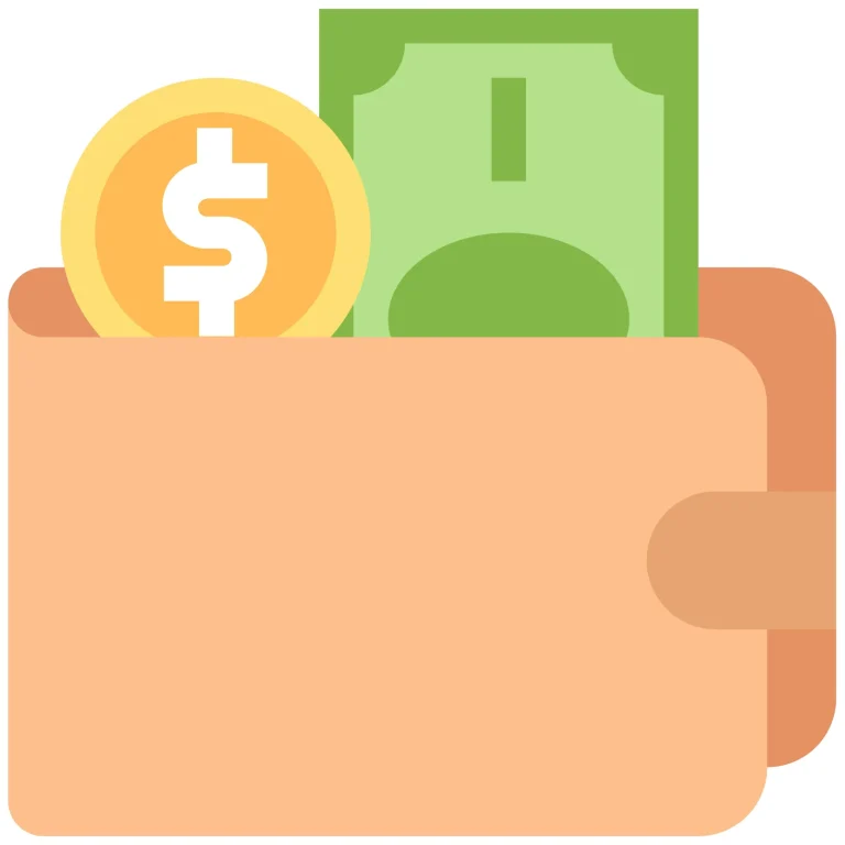 Illustration of a wallet holding a bill and a coin