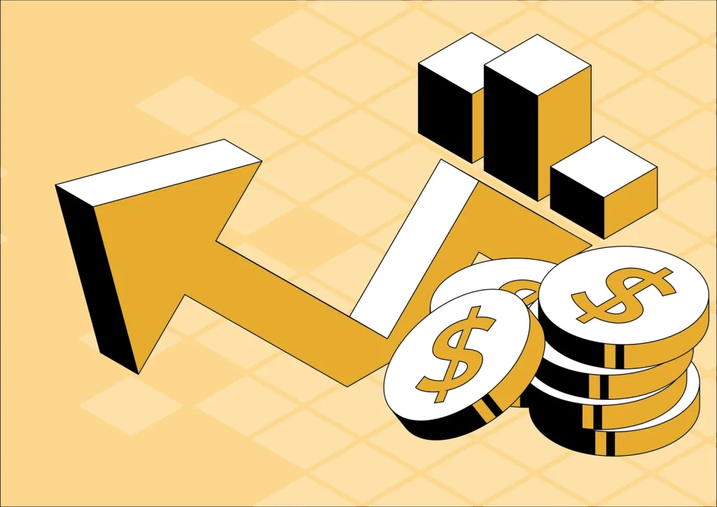 Illustration of a rising arrow, bar chart and coins