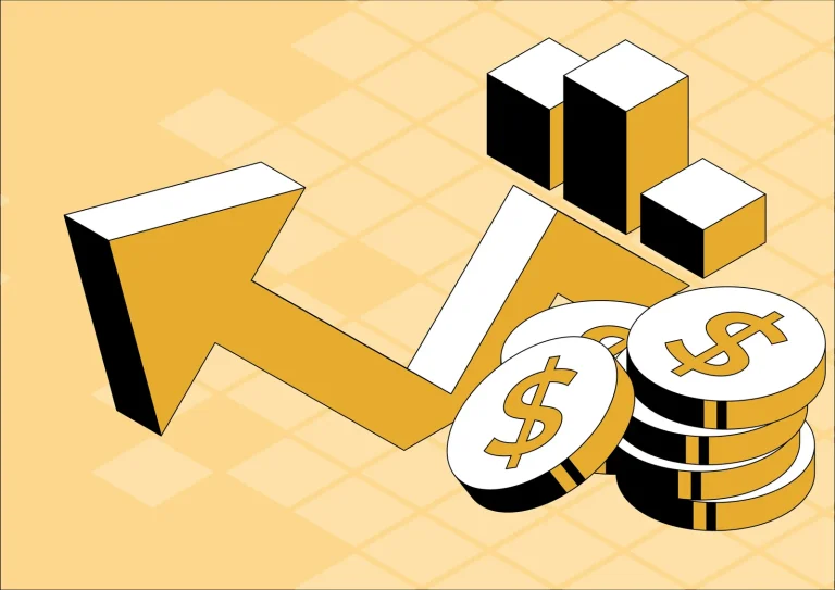 Illustration of a rising arrow, bar chart and coins