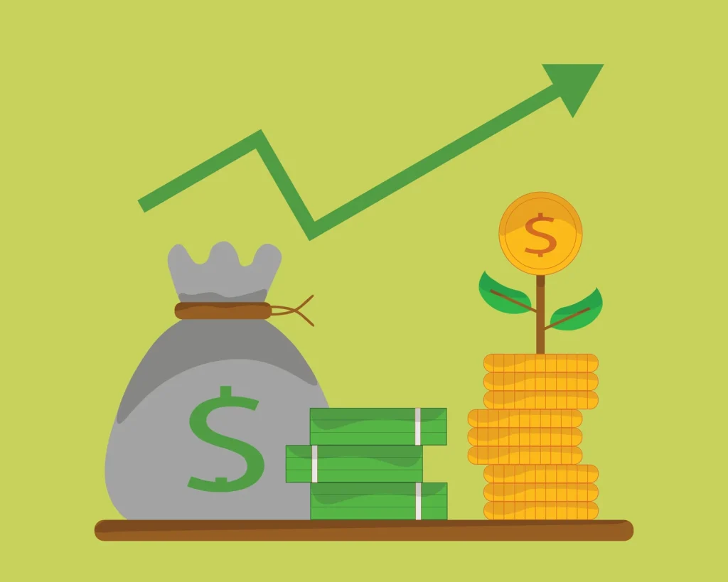 Illustration of a money bag, cash and a coin plant under a rising arrow