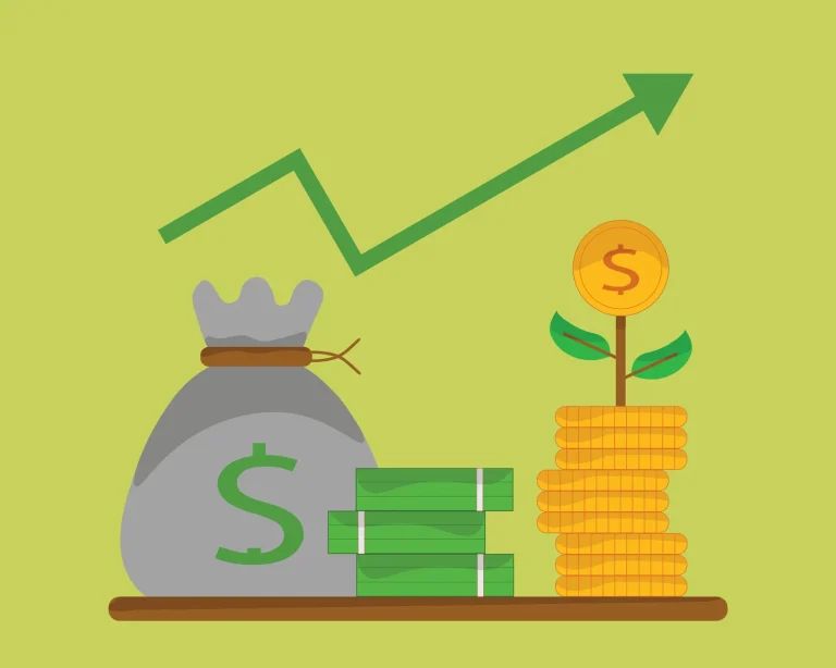 Illustration of a money bag, cash and a coin plant under a rising arrow