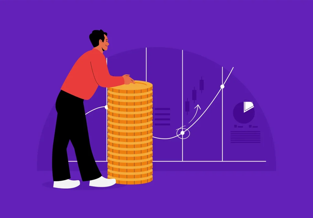 Illustration of a man leaning on a tall stack of coins