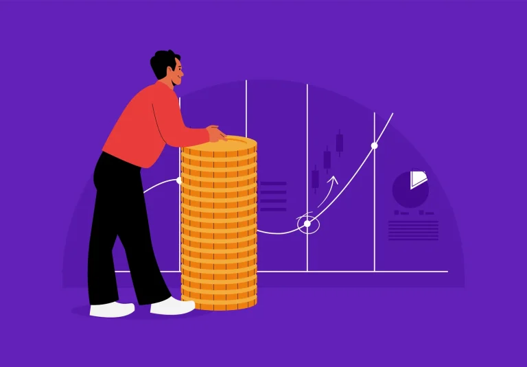 Illustration of a man leaning on a tall coin stack