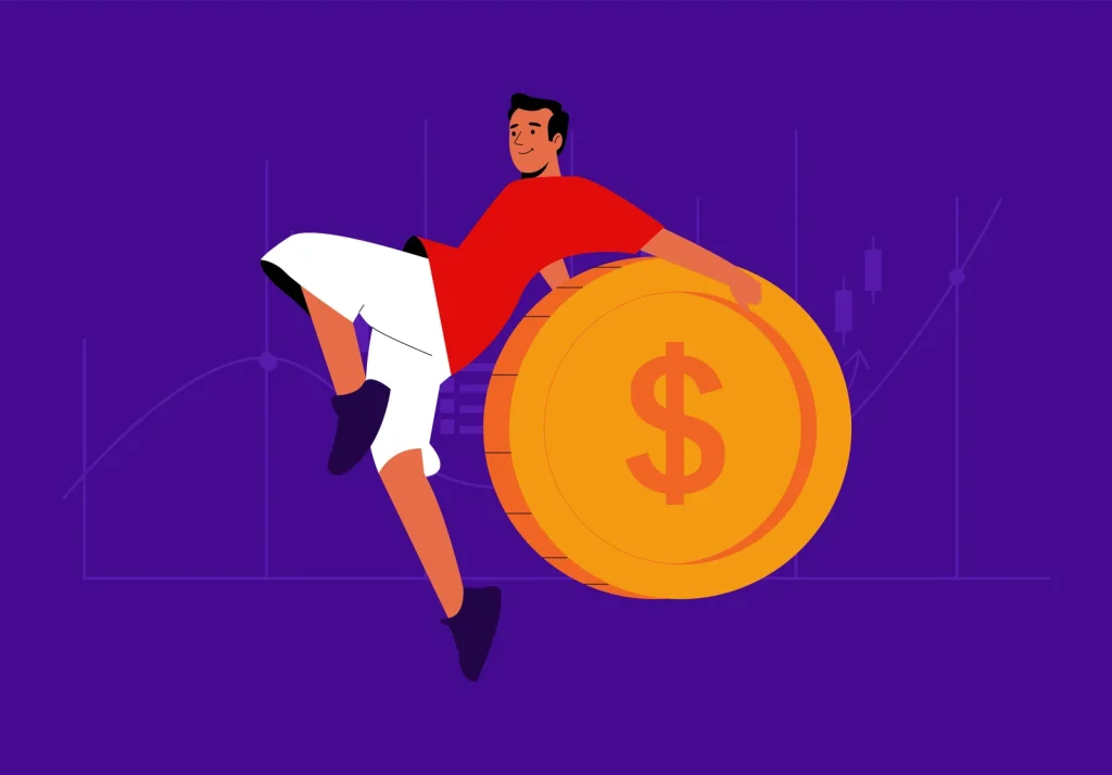 Illustration of a man leaning on a large gold coin
