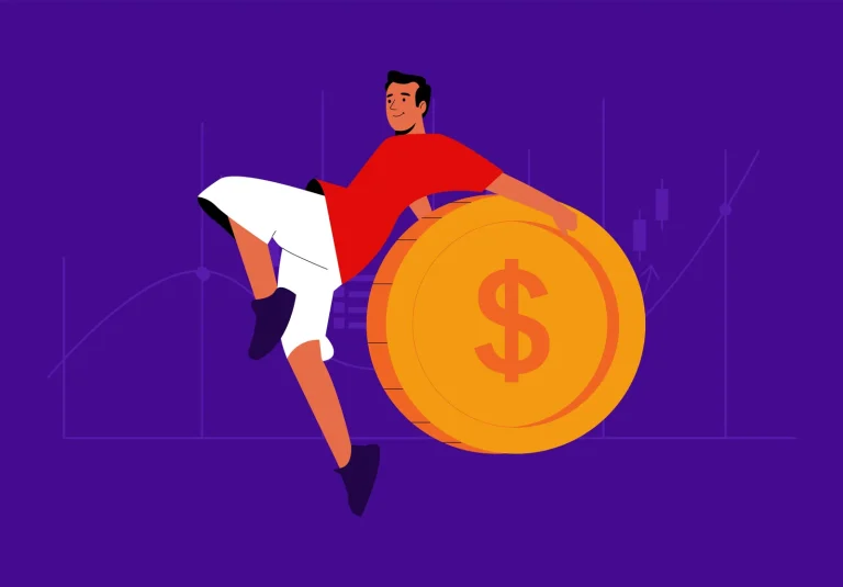 Illustration of a man leaning on a large gold coin