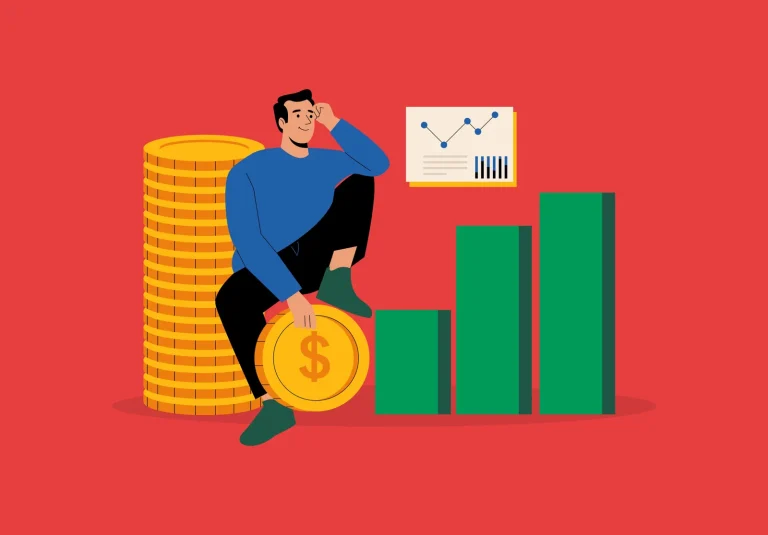 Illustration of a man sitting by coins and a bar chart