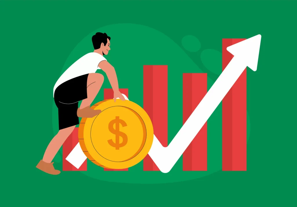 Illustration of a man rolling a gold coin up a rising chart