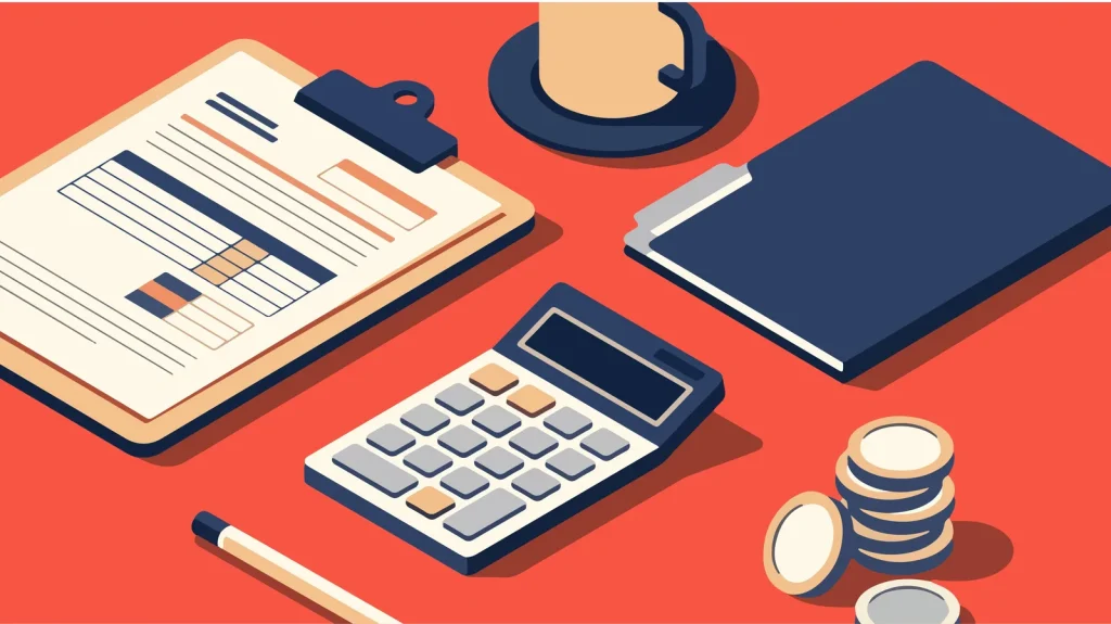 Illustration of a calculator, clipboard and coins