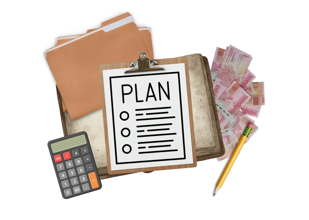 Illustration of a planning clipboard with a calculator and folders
