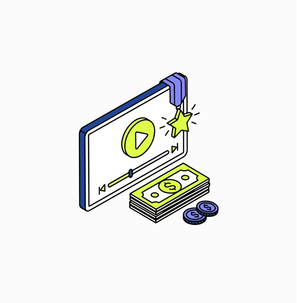 Illustration of a video player with a medal and stacks of cash