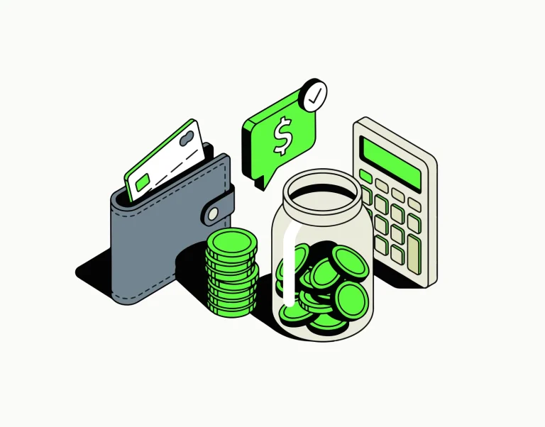 Illustration of a wallet, coin jar and calculator